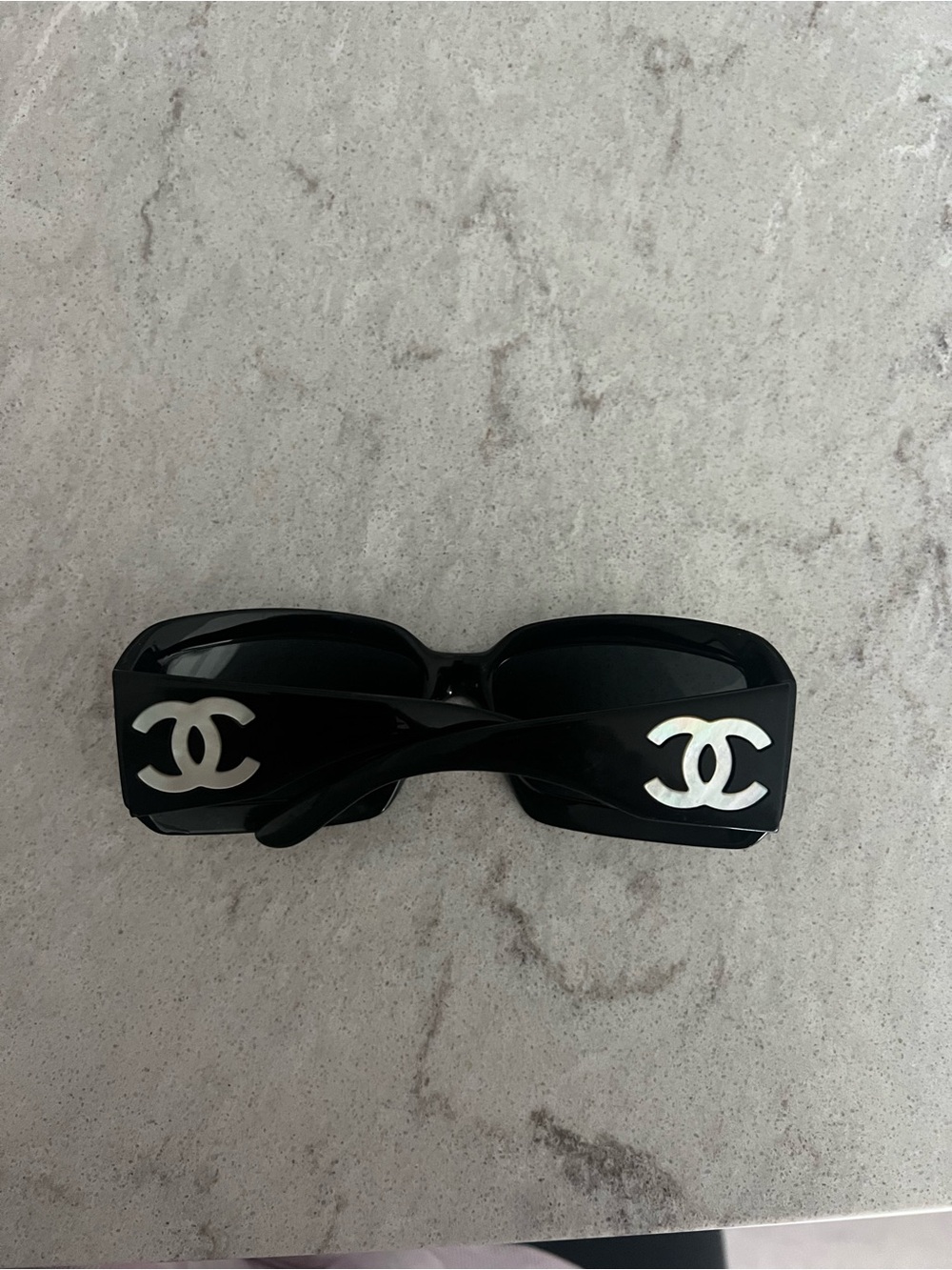 Chanel Black Mother of Pearl Logo Rectangular Sunglasses